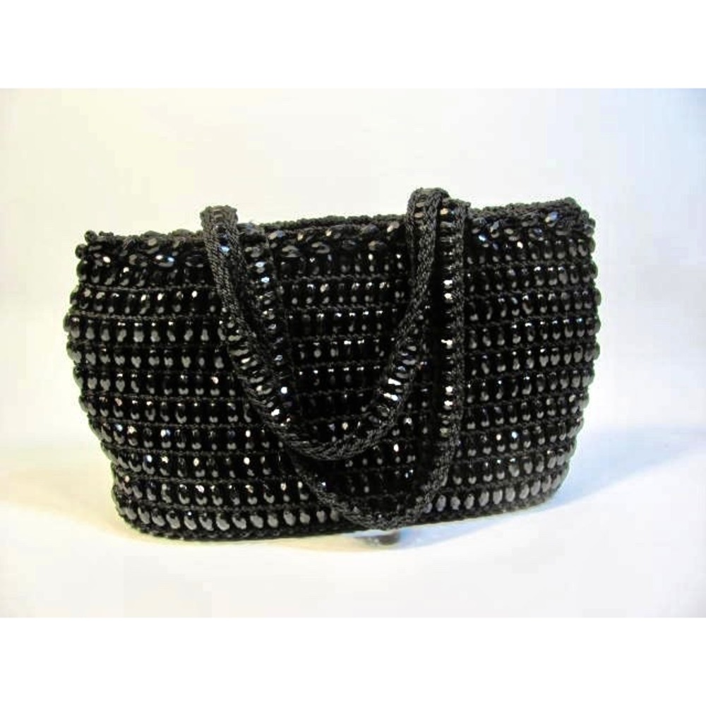 Crochet Black Beaded Elegant Evening Coin Purse Small Beautiful